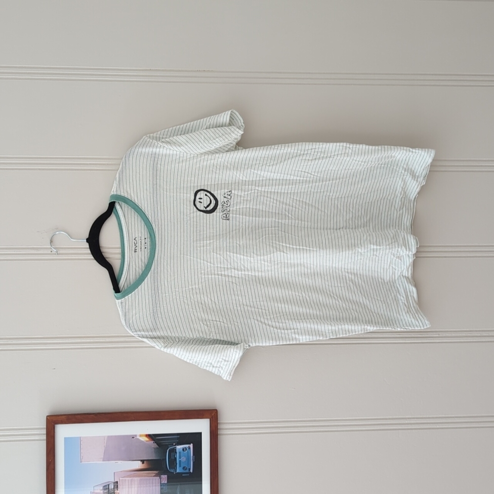 RVCA green & white striped tee with smiley art